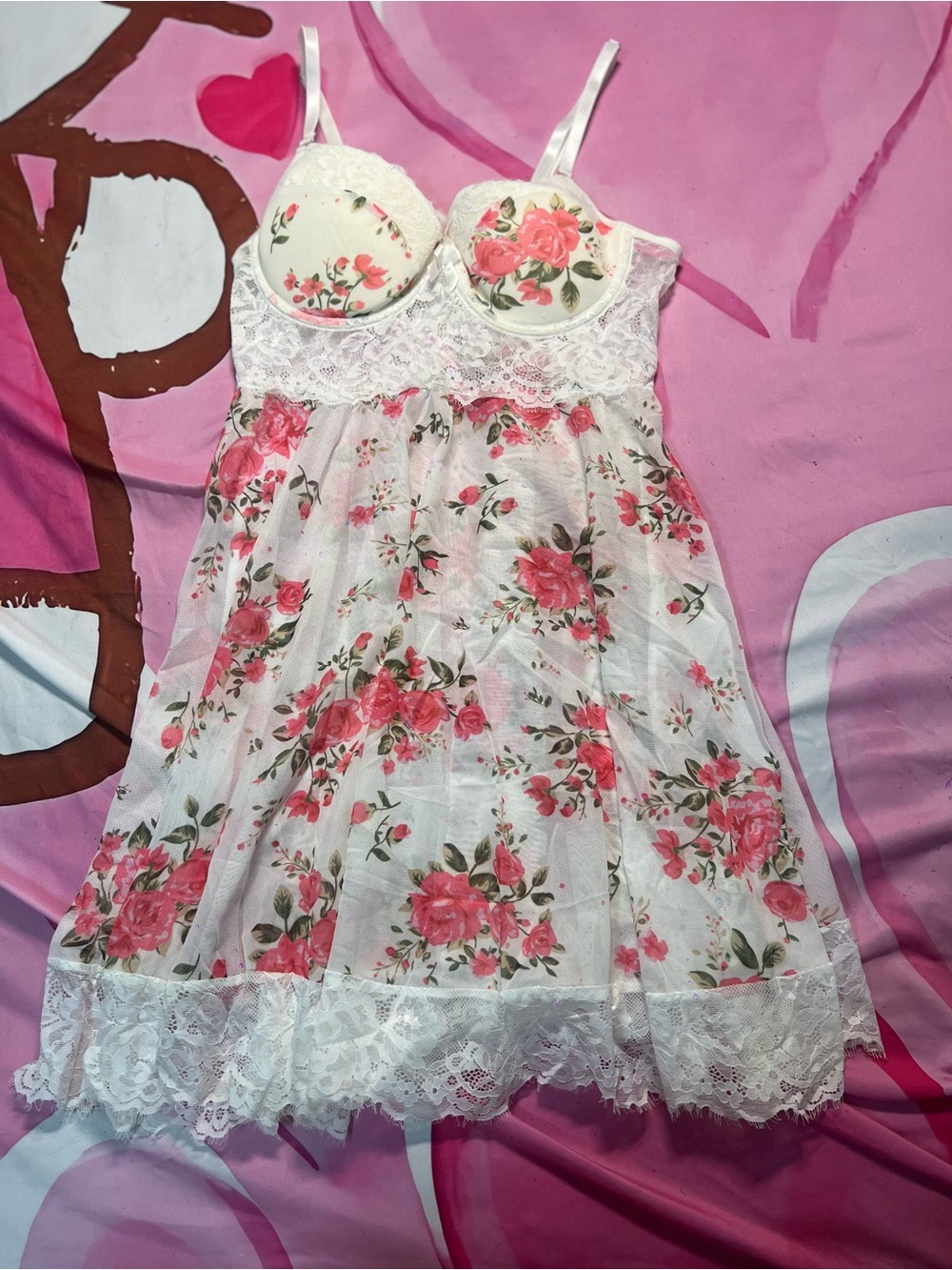 Floral Lace Babydoll Nightdress - Pink White
